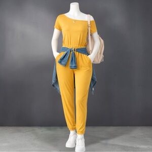 Capella Mustard Two-Way Shoulder Drawstring Jumpsuit